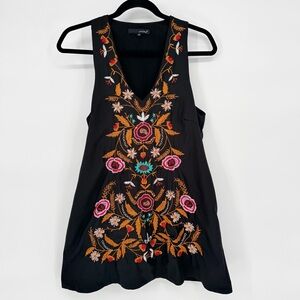 Linjia Tunic Top Mini Dress Medium Black Floral Embroidered V-neck Boho Hippie
